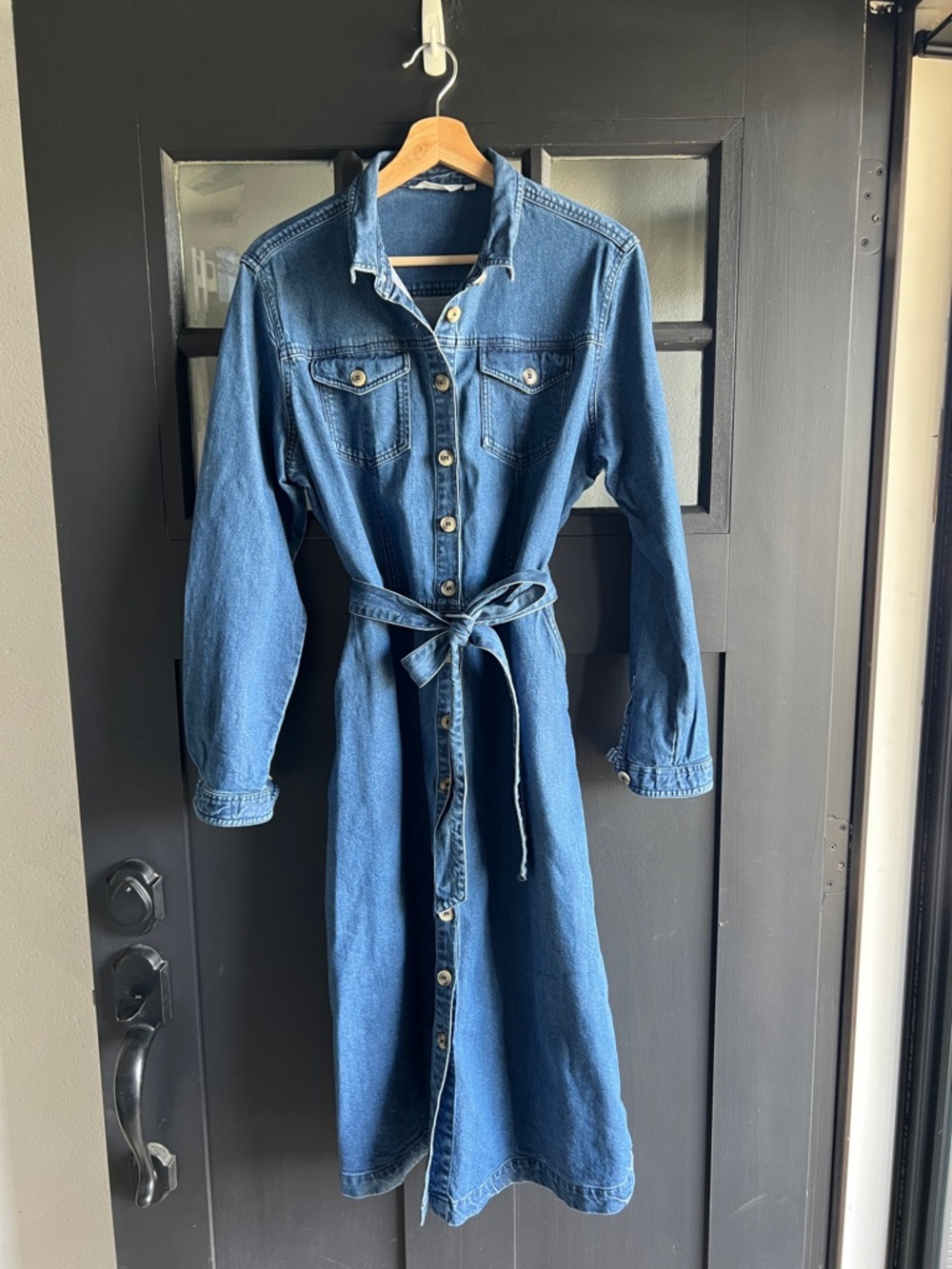 Lily & Me blue denim button down long sleeve midi length dress belted